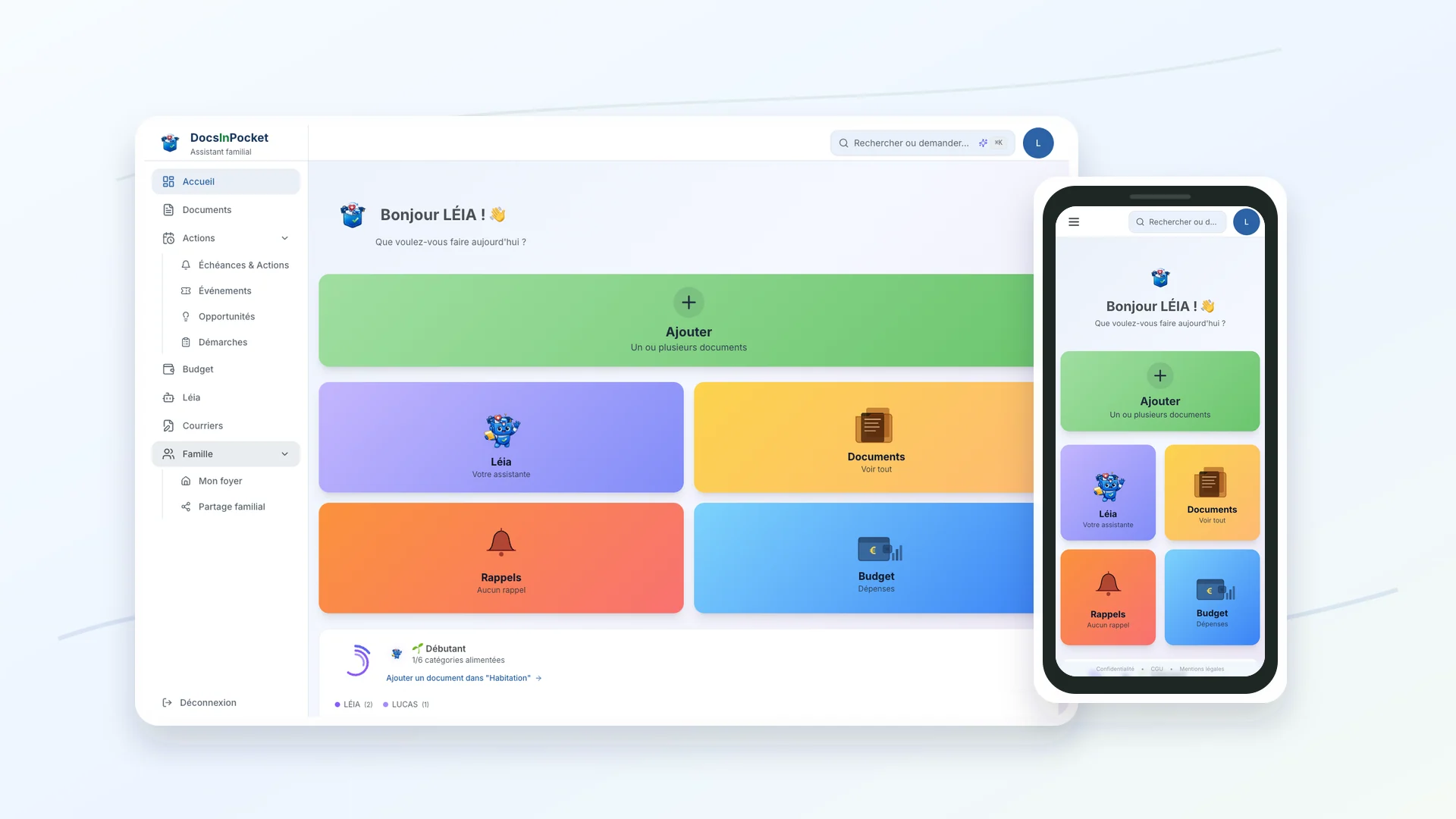 Application DocsInPocket sur ordinateur et mobile : documents, rappels, budget et assistante Léia